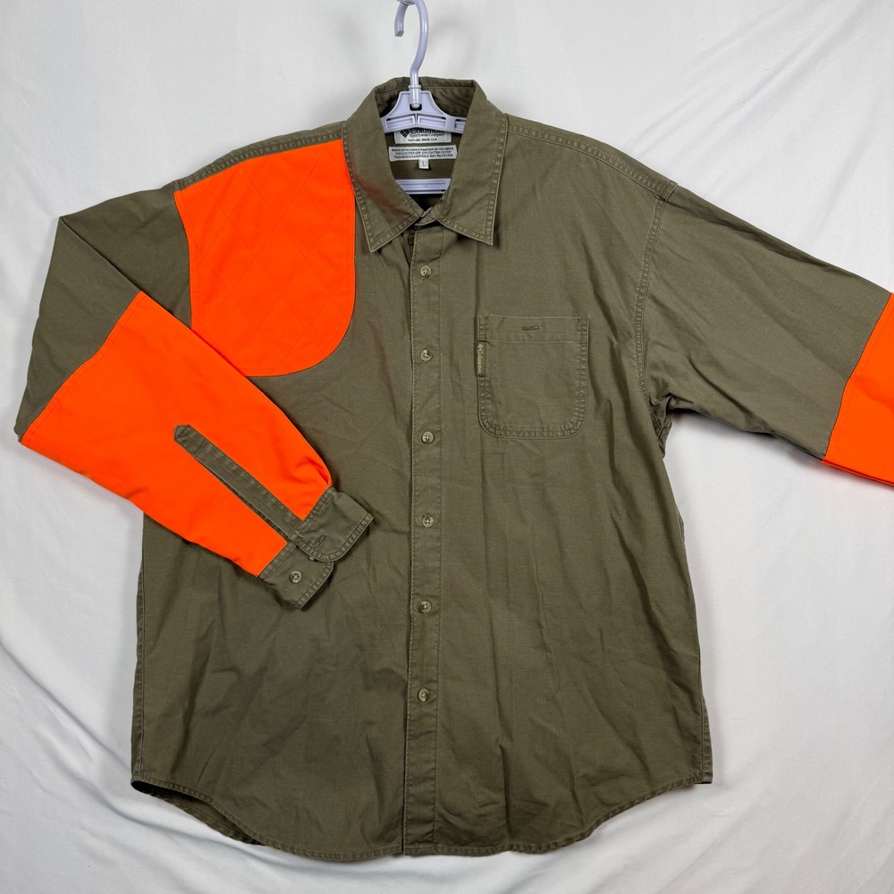 Columbia Mens Hunting Shirt Large Olive Green Blaze Orange Shooting Patch Cotton